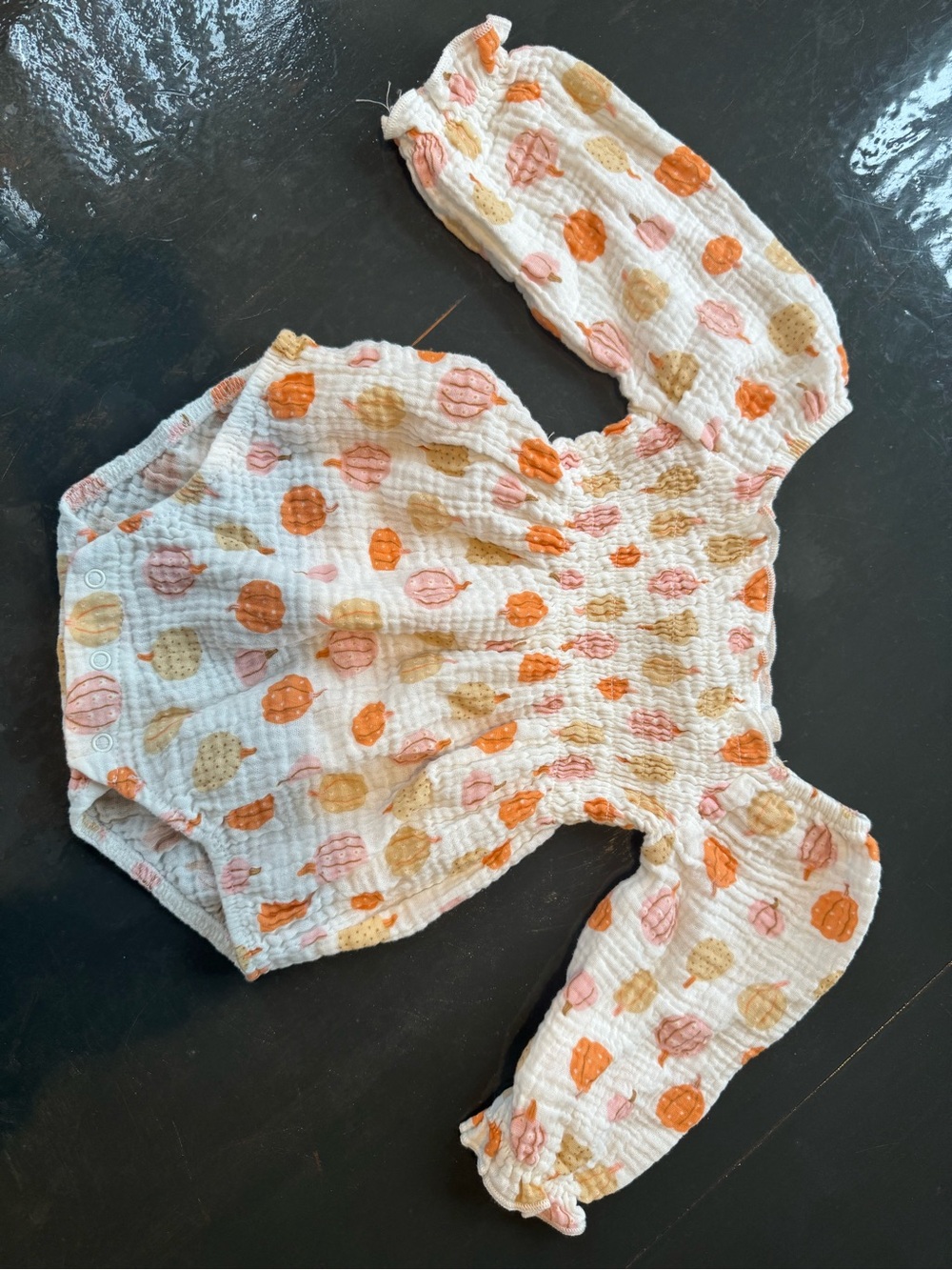 chick pea Cream Romper with Orange and Tan pumpkins